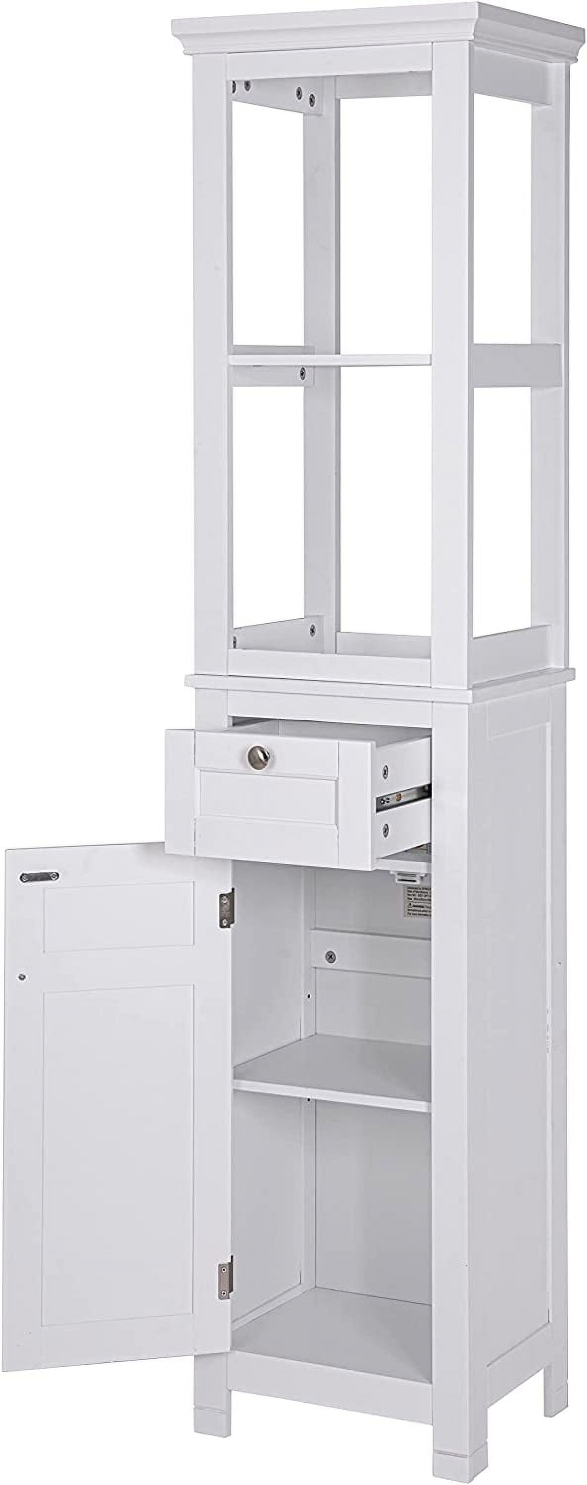 Spirich Home Bathroom Freestanding Storage Cabinet with Two Tier Open Shelves, Tall Slim Cabinet with Door and Drawer, Free Standing Linen Tower 15.75 ''(White with Drawer)