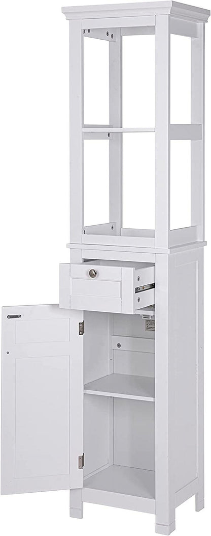 Spirich Home Bathroom Freestanding Storage Cabinet with Two Tier Open Shelves, Tall Slim Cabinet with Door and Drawer, Free Standing Linen Tower 15.75 ''(White with Drawer)