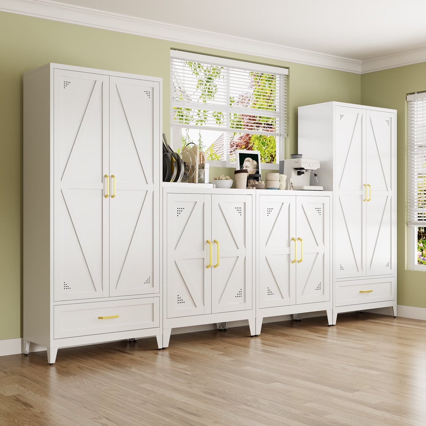 NadooLite 71"H White Metal Storage Cabinet with Adjustable Shelves, 2 Doors & 1 Drawers, Multi-Use Organizer for Garage,Dining,Bath,Laundry,Pantry