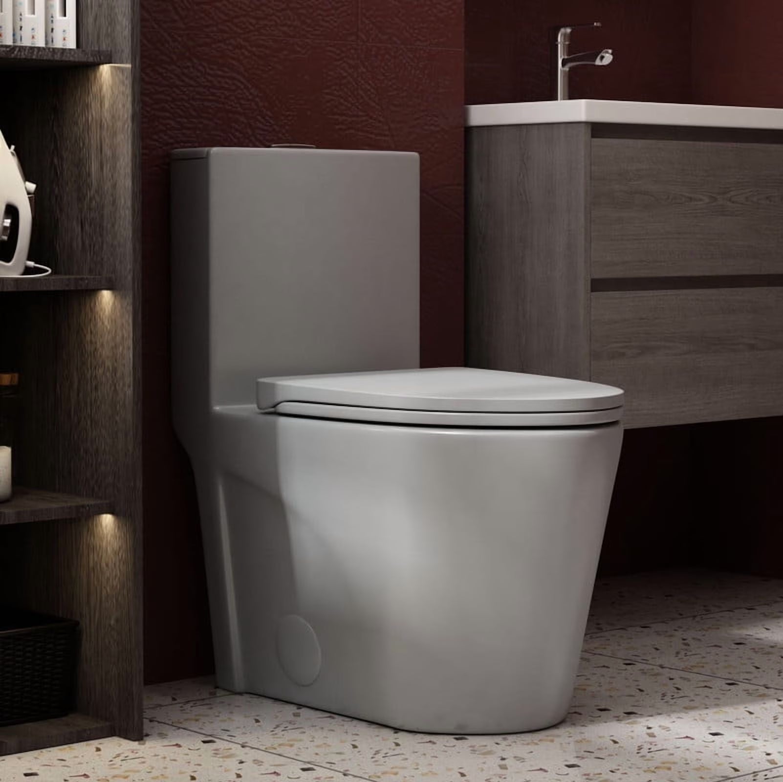 Albriya A1854 One Piece Toilet, Modern Elongated Toilet Power Dual Flush 1.1/1.6 GPF with Comfortable Chair Seat ADA Height 16 1/4’for Bathroom, 12’Rough-In, MaP 1000g, Grey