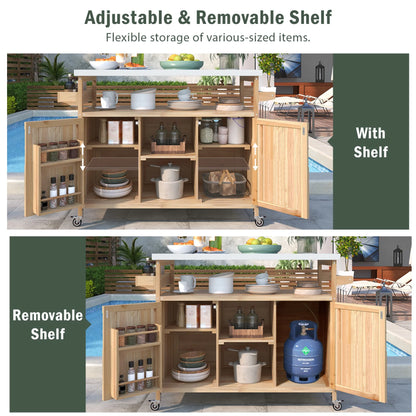 Outdoor Kitchen Island with Rolling Bar Cart and Storage Cabinet, Farmhouse Solid Wood Outdoor Grill Table with Stainless Steel Top, Spice Rack and Towel Rack for Kitchen & BBQ, Natural