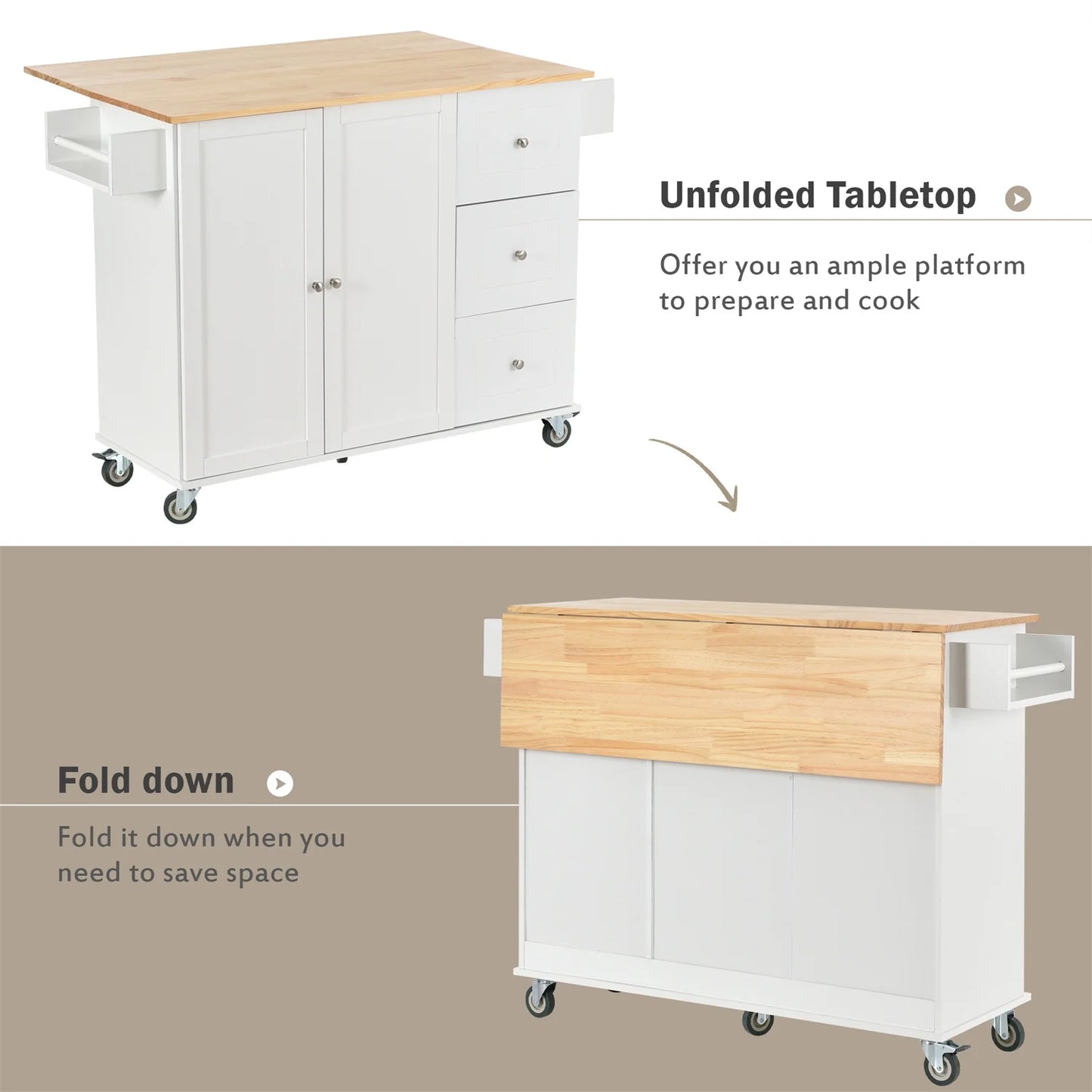 Kitchen Island Cart, Drop Leaf Kitchen Island on Wheels with Spice Rack, Towel Rack and 3 Drawers, Rolling Mobile Kitchen Island with Storage Cabinets and Solid Wood Top, White