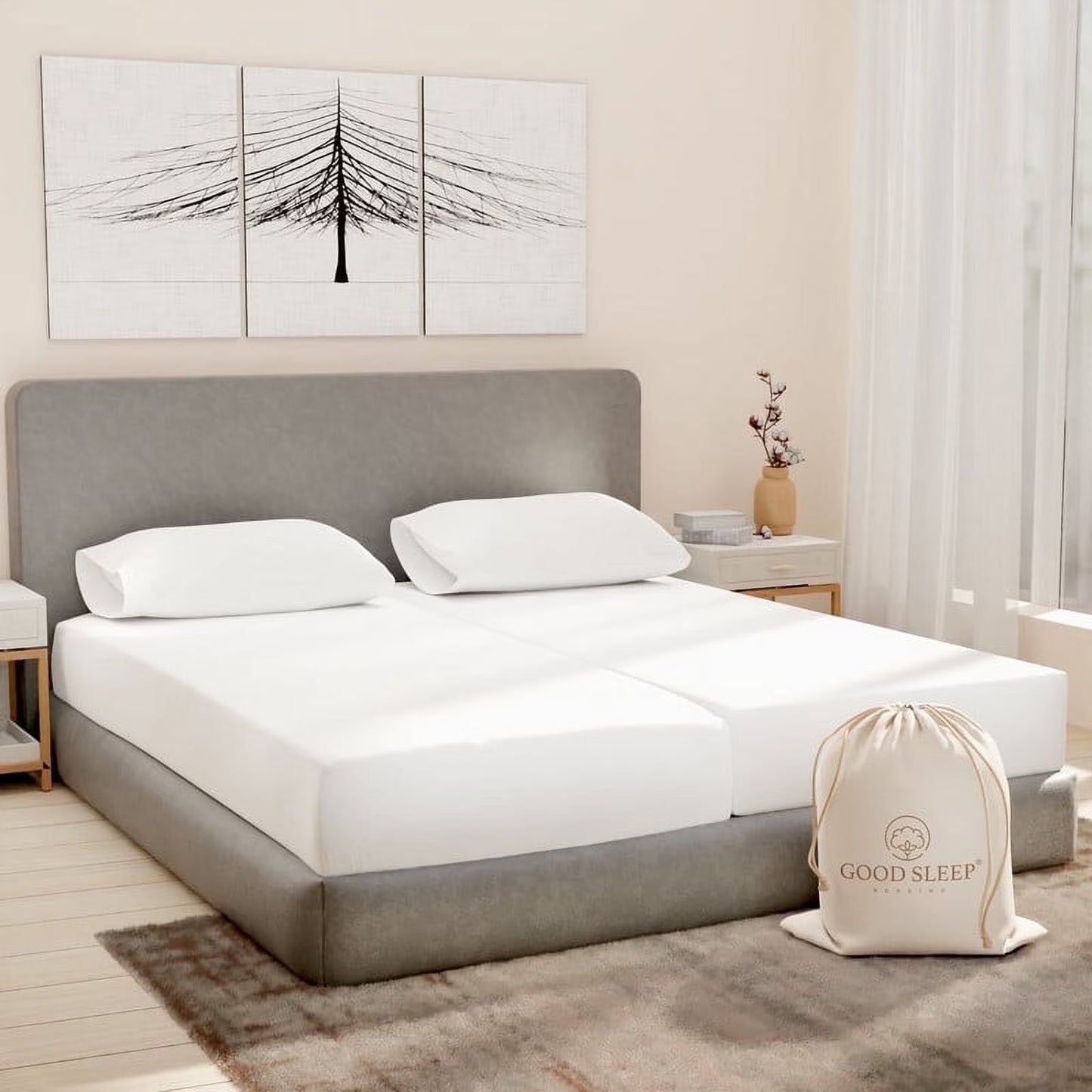 Good Sleep Bedding 100% Egyptian Cotton Split King Sheets, Luxury 1000 Thread Count 5 Piece Sheets & Pillowcases Set - Sage