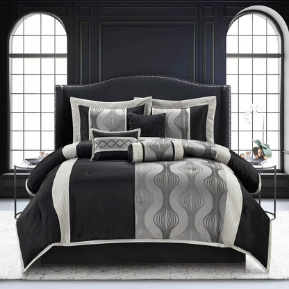 Lanco Black Silver Comforter Set , California King Size , 7 Pieces Fashion Jacquard Bedding Set