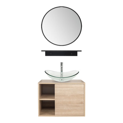 PULUOMIS Wall Mounted Bathroom Vanity Set with Mirror Storage Shelf, PVC Sheet Natural Cabinet with Black Side Panels (Cabinet + Sink)