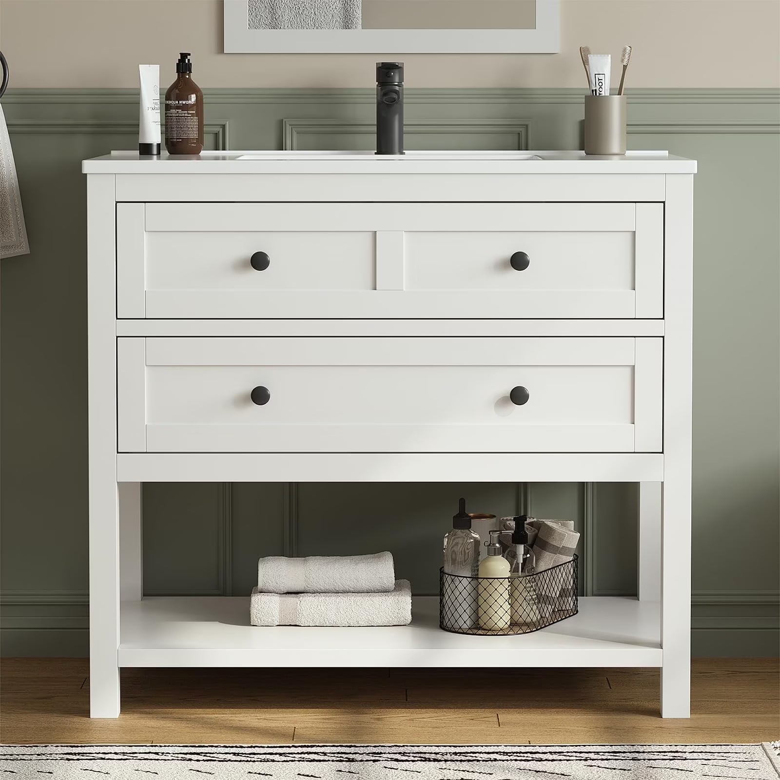 DELUXE LIVING 36 Inch Bathroom Vanity with Sink, Modern Black Bathroom Vanities with Adjustable Feets, 2 Soft-Closing Doors & 4 Drawers, Integral Sink