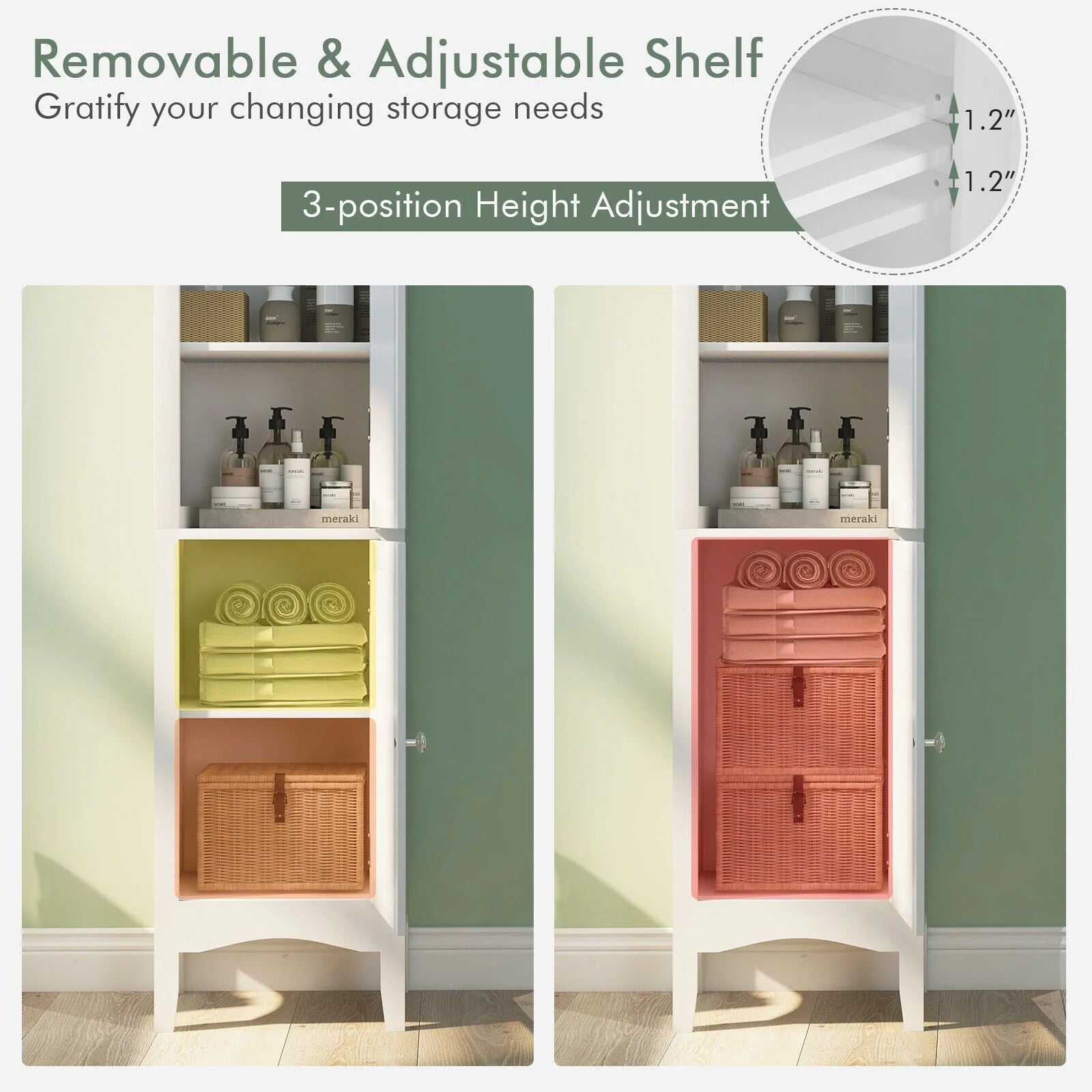 Vicamelia Bathroom Floor Cabinet Narrow Linen Tower w/2 Doors & Adjustable Shelf, Tall Kitchen Pantry Cabinet, White