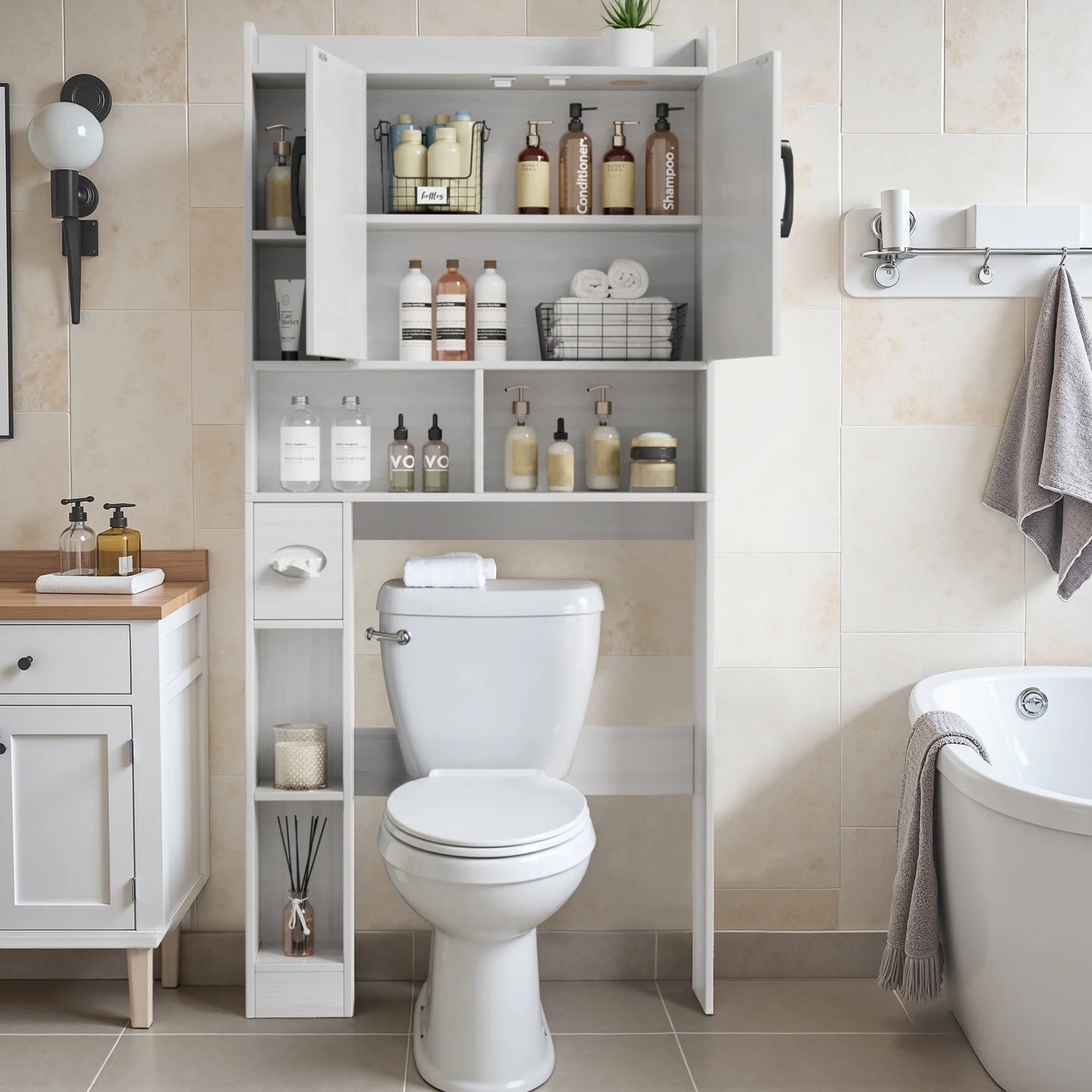 Lacoo Over The Toilet Storage Cabinet with Barn Doors, Farmhouse Style Space Saver for Over Toilet Storage with Toilet Paper Holder, for Bathroom, Restroom, White