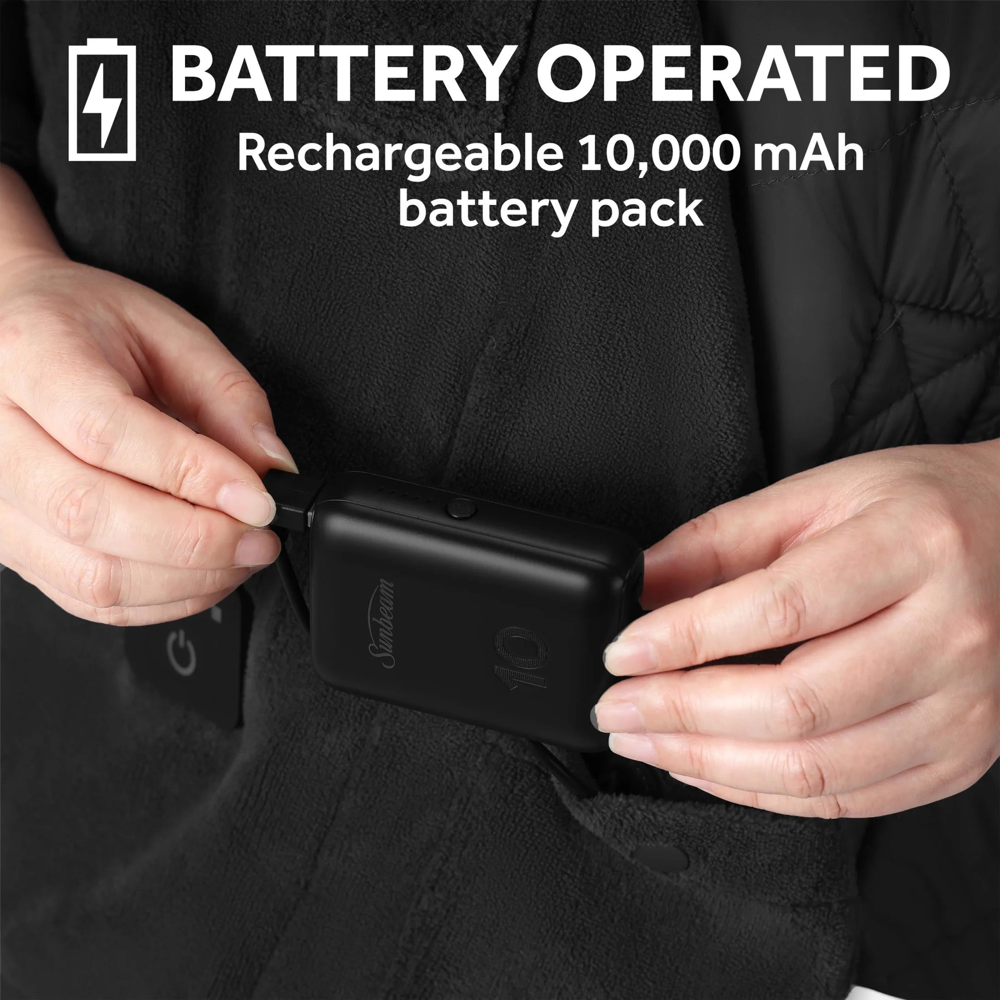 Sunbeam On-the-Go Cordless Heated Throw Blanket with Hood Black Nylon/Microplush 50x66
