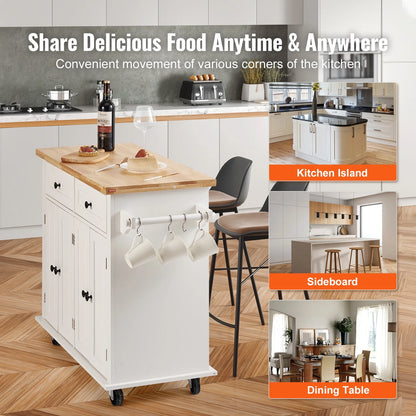 VEVOR Kitchen Island Cart with Solid Wood Top, 35.4" Width Mobile Carts with Storage Cabinet, Rolling Kitchen Table with Spice Rack, Towel Rack, and Drawer