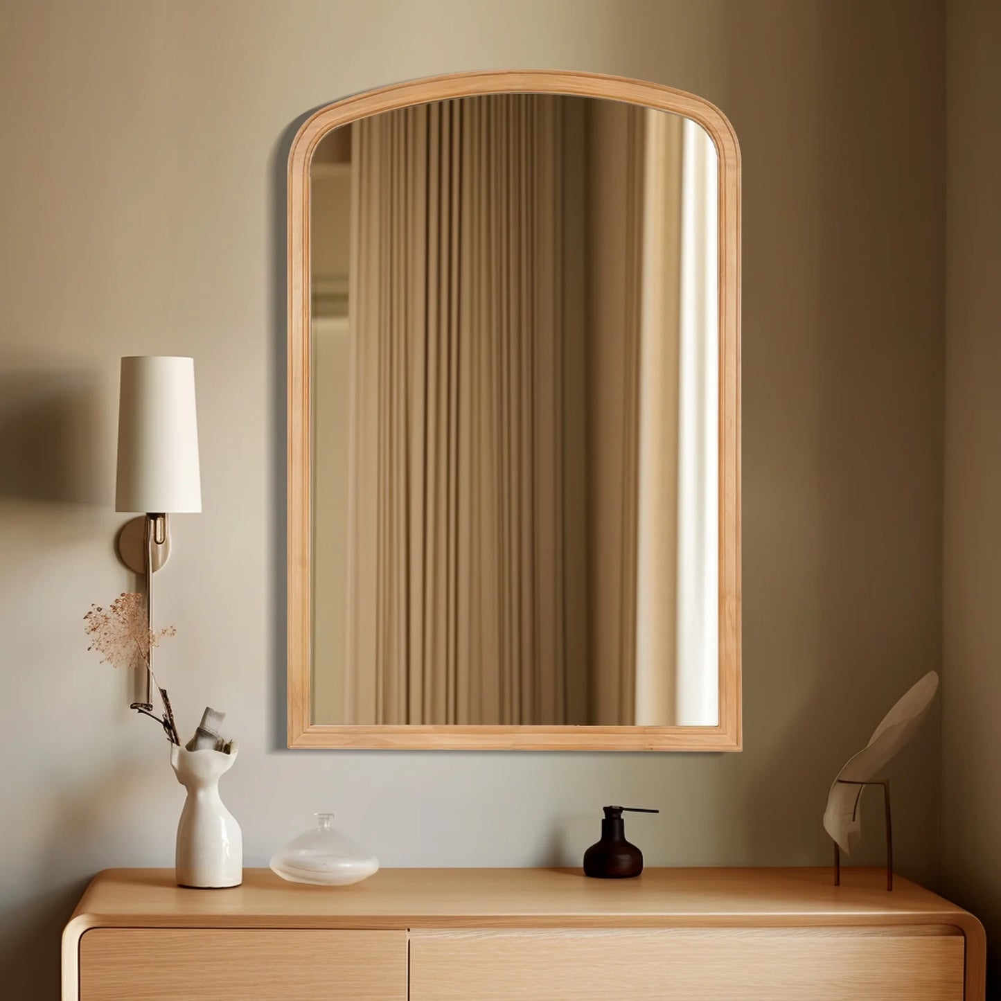 WallBeyond Wood Frame Rustic Arched Wall Mirror for Bathroom or Living Room Wall Decor, 24" 36", Natural Wood