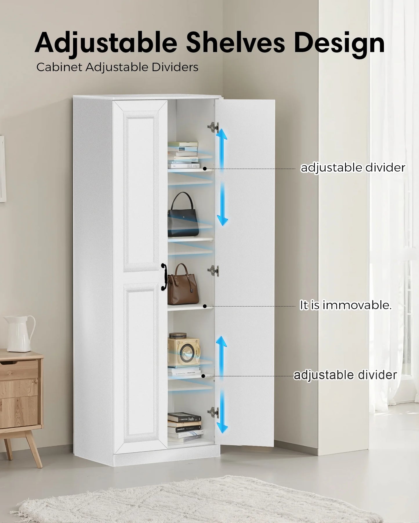 Storage Cabinet/Pantry cabinets, Soft White Finish, 71" Tall Wood Cupboard with 2 Door and 3 Adjustable Shelves for Kitchen, Dining Room, Living Room, Bathroom (Style 1)