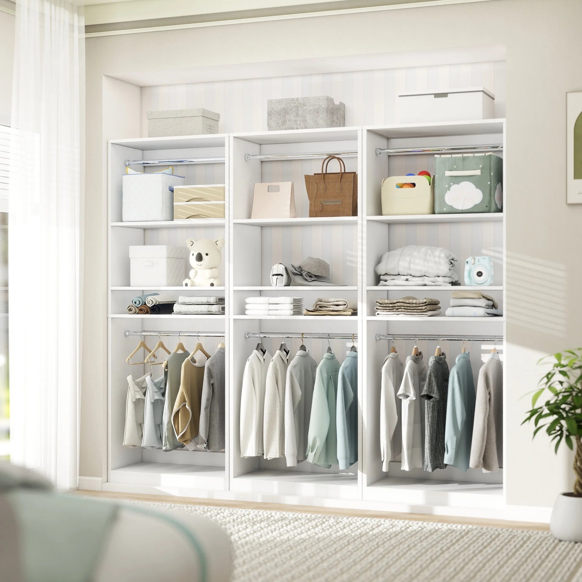 Homieasy 25°?Closet System, Freestanding Closet Organizer Wardrobe with Hanging Rods and Shelves, Adjustable Clothes Garment Rack, Sturdy Walk in Closet Tower, White