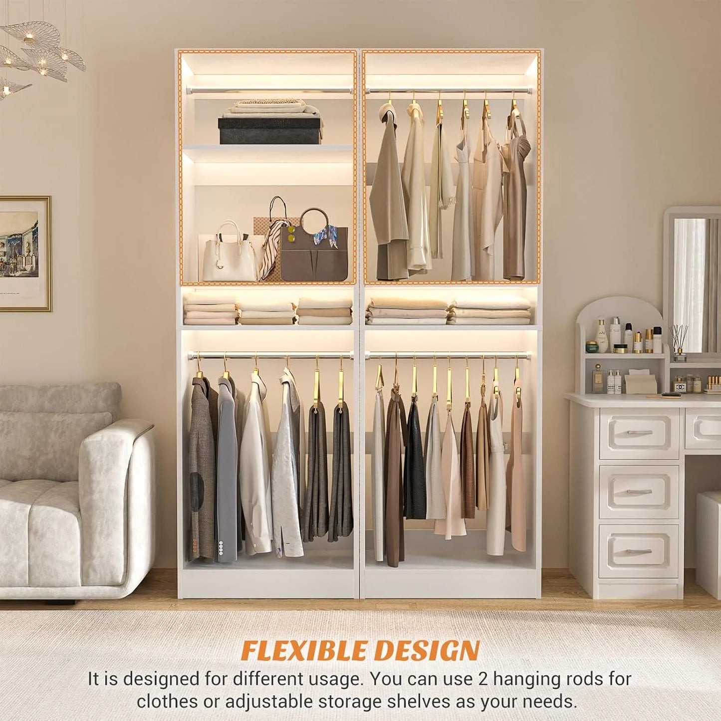 Homieasy 25°?Closet System, Freestanding Closet Organizer Wardrobe with Hanging Rods and Shelves, Adjustable Clothes Garment Rack, Sturdy Walk in Closet Tower, White
