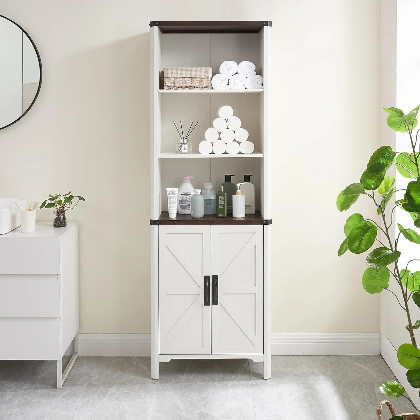 70.87 Tall Bathroom Storage Cabinet, Farmhouse Storage Cabinet with 2 Barn Doors and Adjustable Shelves, Floor Cabinet for Bathroom, Living Room, Entryway, Kitchen (Antique White)