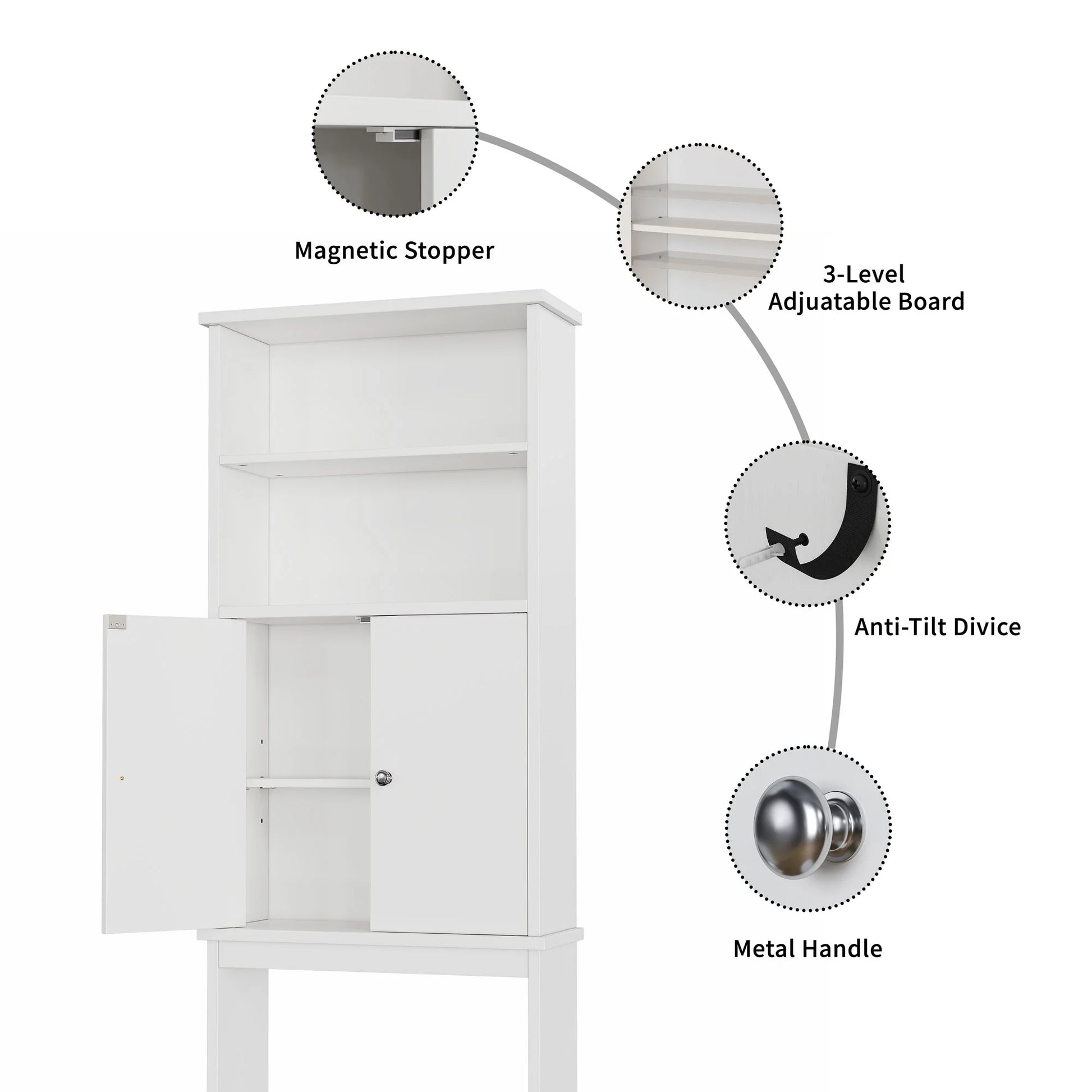 Walsunny Over the Toilet Storage Cabinets Wood Bathroom Organizer Shelf Rack Space Saver with 2 Doors 4 Shelves Anti-Tip Device White