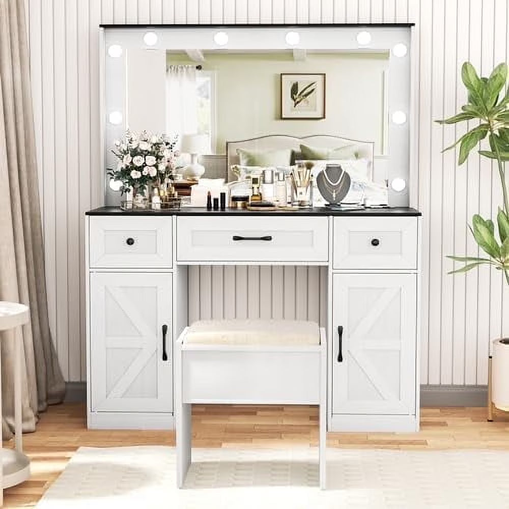 Vanity Table Set with Lighted Mirror,Makeup Dressing Table with 10 Light Bulbs and Touch Switch, 2 Large Drawers and Cushioned Stool for Women Girls Fit Bedroom, Bathroom (White)