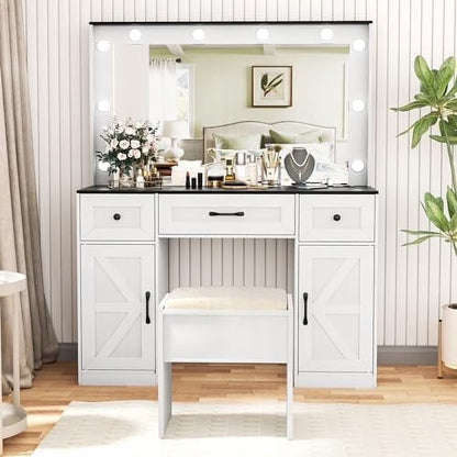 Vanity Table Set with Lighted Mirror,Makeup Dressing Table with 10 Light Bulbs and Touch Switch, 2 Large Drawers and Cushioned Stool for Women Girls Fit Bedroom, Bathroom (White)