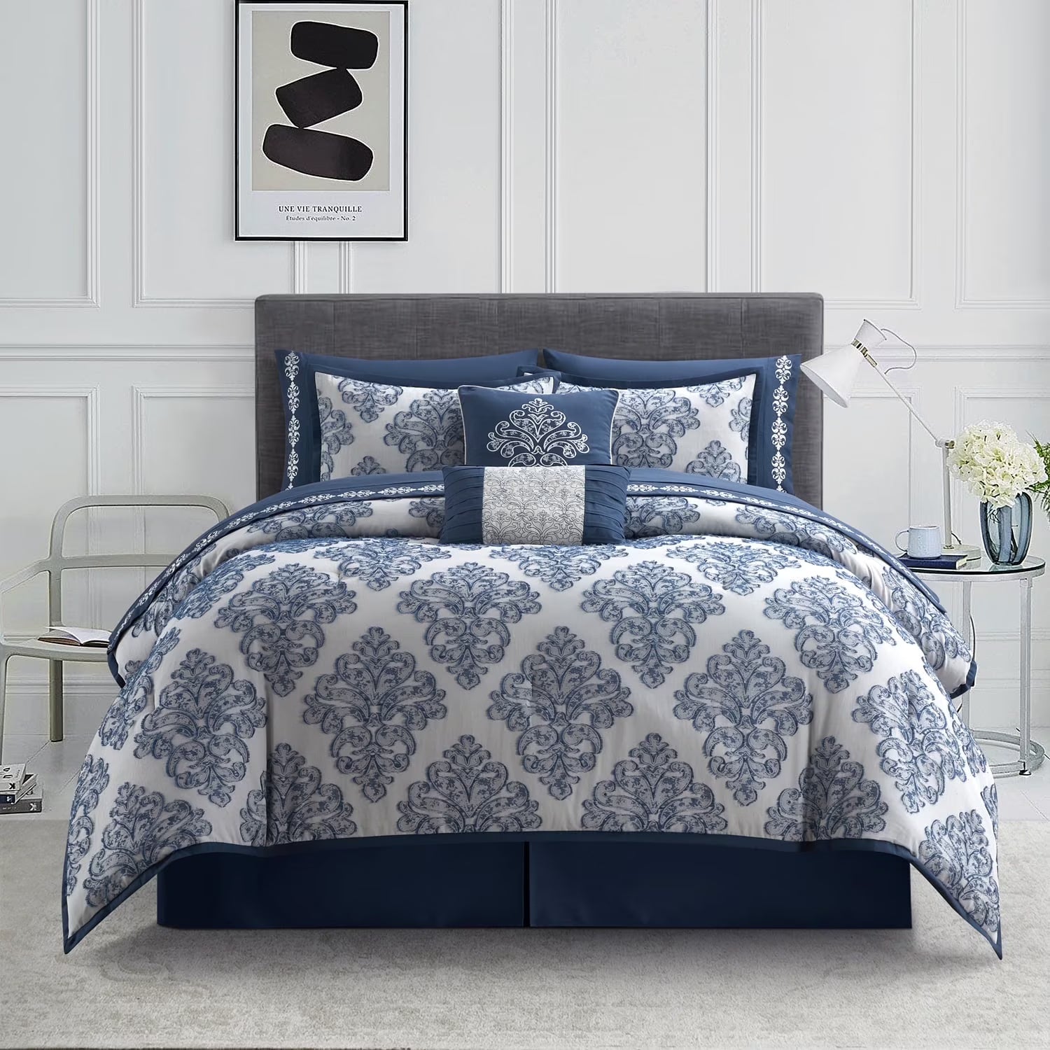 Lanco Smoke Grey Comforter Set California King Size, 9 Piece Jacquard Floral Bedding Set, All Season, Ultra-Soft, Matching Pillows & Shams, Bed Skirt