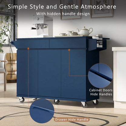 53.2'' Kitchen Island with Drop Leaf, Kitchen Storage Cart with Spice Rack, Towel Rack and 2 Drawers, Rolling Kitchen Island on Wheels with Adjustable Shelves, Navy Blue