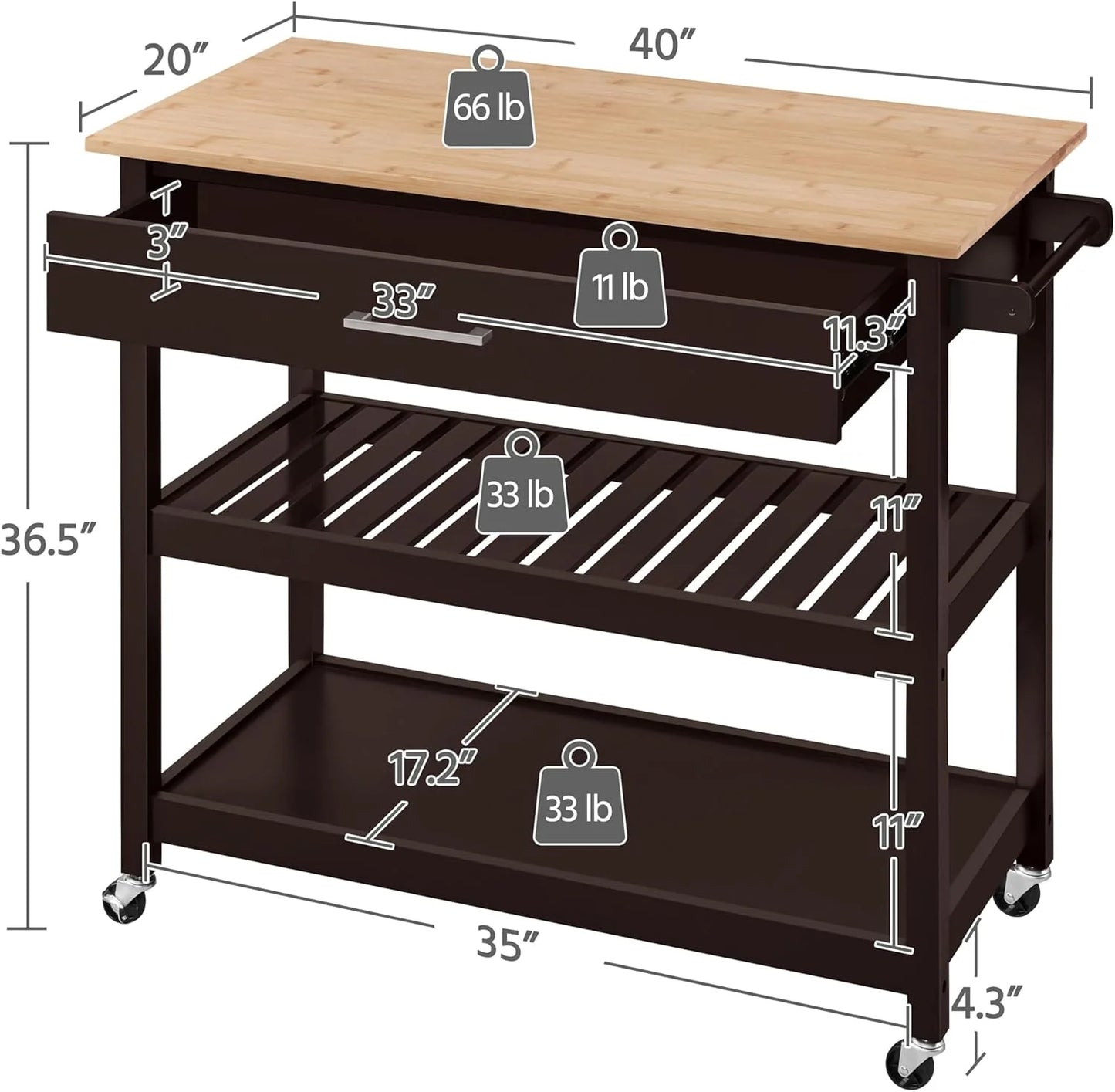 Hyxoo Kitchen Island Cart on Wheels with Bamboo Tabletop, 3-Tier Rolling Kitchen Island Microwave Cart with Drawer, Detachable Towel, 3 Hooks40"W x 20"D x 36.5"HEspresso