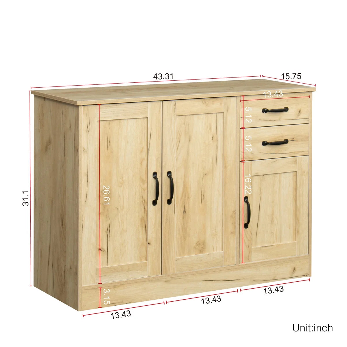 Buffet Sideboard, Kitchen Buffet Storage Cabinet Versatile Wardrobe Console Table with 2 Doors & 2 Drawers, Wood Free-Standing Pantry Cupboard with 1 Storage Cabinet for Dining Room, Oak