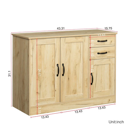 Buffet Sideboard, Kitchen Buffet Storage Cabinet Versatile Wardrobe Console Table with 2 Doors & 2 Drawers, Wood Free-Standing Pantry Cupboard with 1 Storage Cabinet for Dining Room, Oak