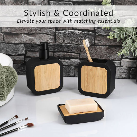 4-Piece Bathroom Accessory Set Gray Rubber and Acacia