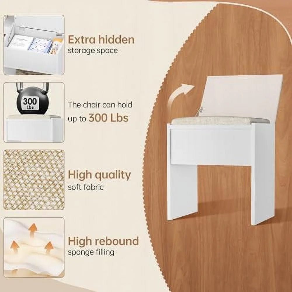 Vanity Table Set with Lighted Mirror,Makeup Dressing Table with 10 Light Bulbs and Touch Switch, 2 Large Drawers and Cushioned Stool for Women Girls Fit Bedroom, Bathroom (White)