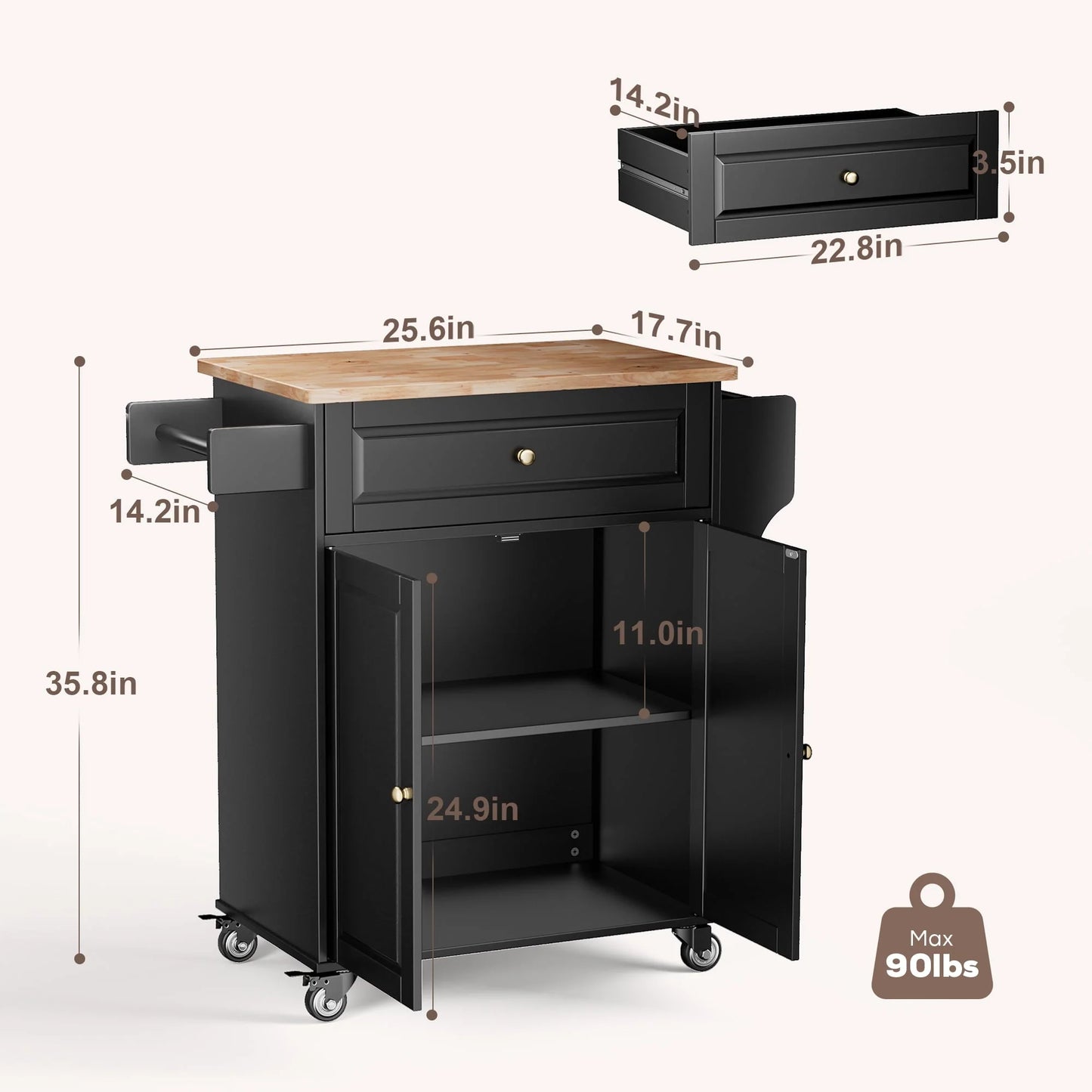 Kitchen Island with Storage on Wheels, Microwave cart with Spice Rack, Towel Rack & Drawer, Black