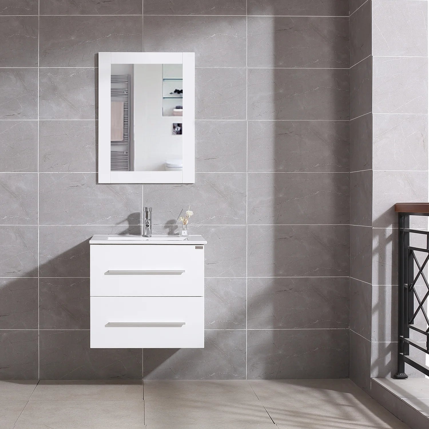 Wonline 24" Wall Mounted Bathroom Vanity with Sink, White Cabinet with Two Drawer and Mirror Chrome Faucet