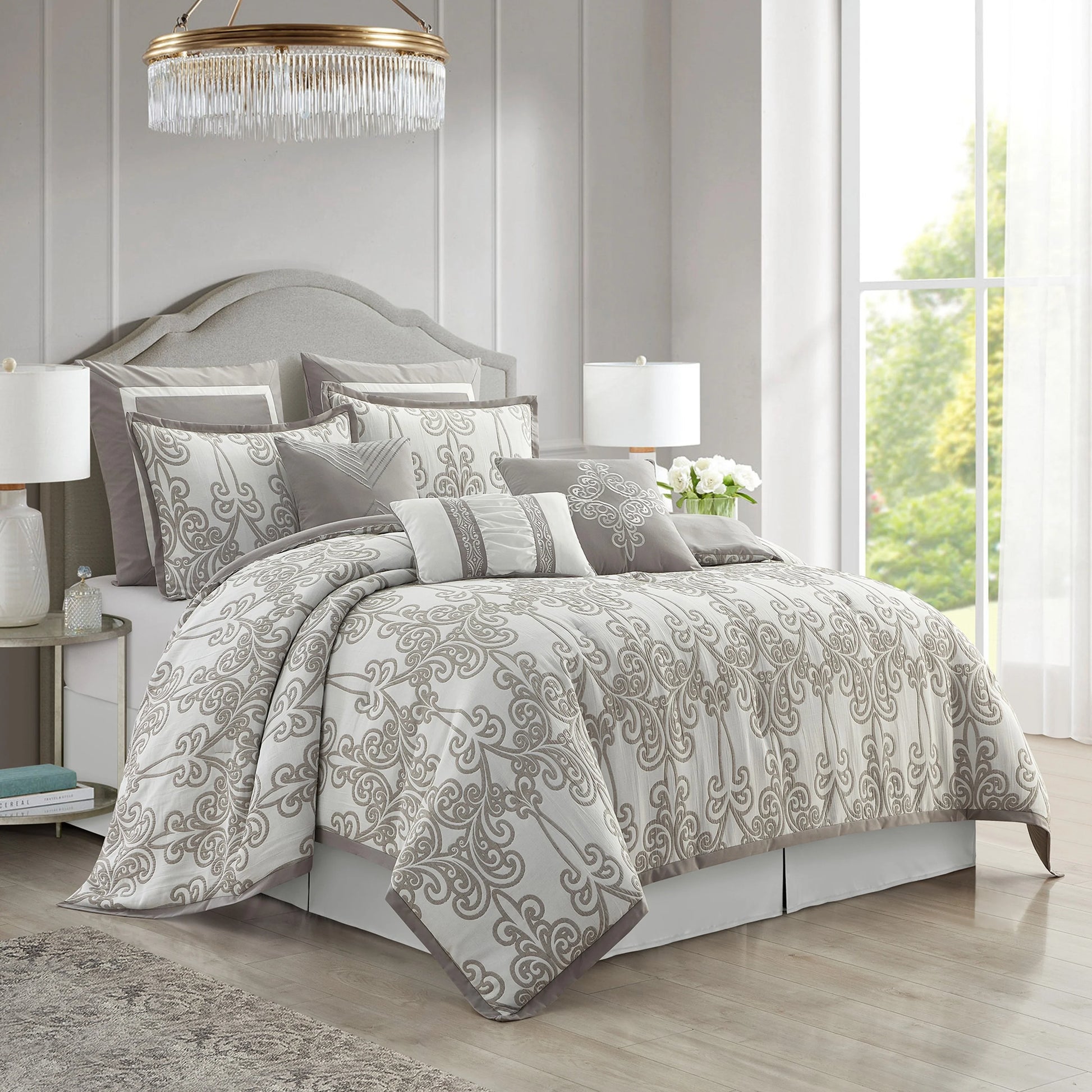 Lanco Smoke Grey Comforter Set California King Size, 9 Piece Jacquard Floral Bedding Set, All Season, Ultra-Soft, Matching Pillows & Shams, Bed Skirt