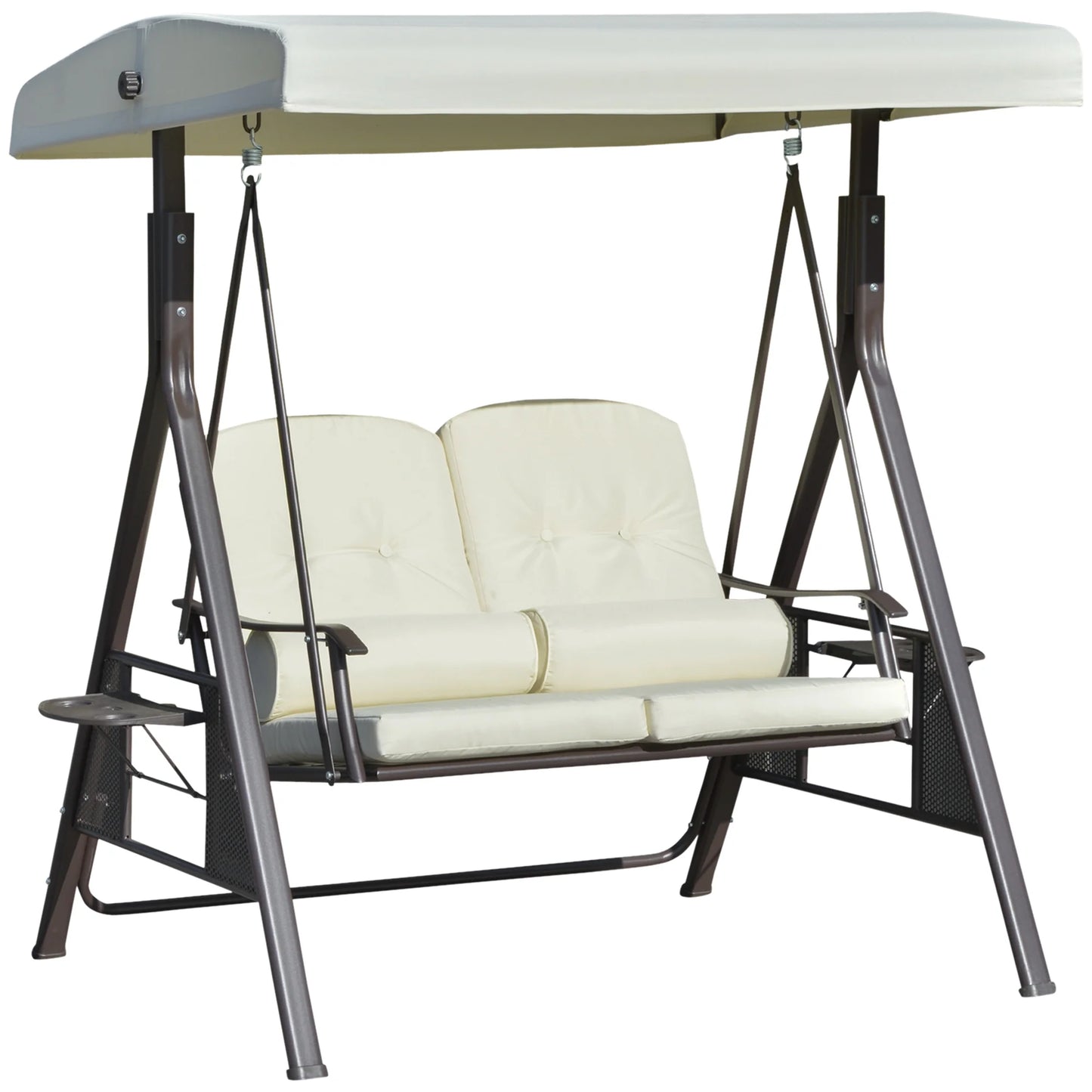 Outsunny 2-Person Patio Swing Bench with Adjustable Shade Canopy, Soft Cushions, Throw Pillows and Tray, Beige.
