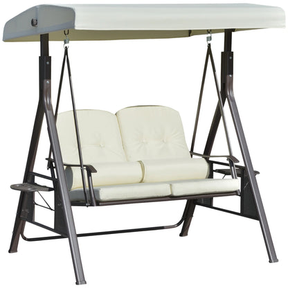 Outsunny 2-Person Patio Swing Bench with Adjustable Shade Canopy, Soft Cushions, Throw Pillows and Tray, Beige.