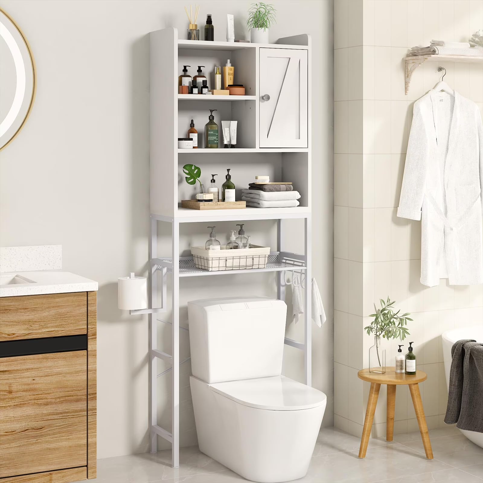furlinkhm Over The Toilet Storage Cabinet,Bathroom Rack Organizers with Adjustable Shelf,5-Tier Bathroom Space Saver Over Toilet with Door for Bathroom, Restroom, Laundry,22.6"9.4"72.8"