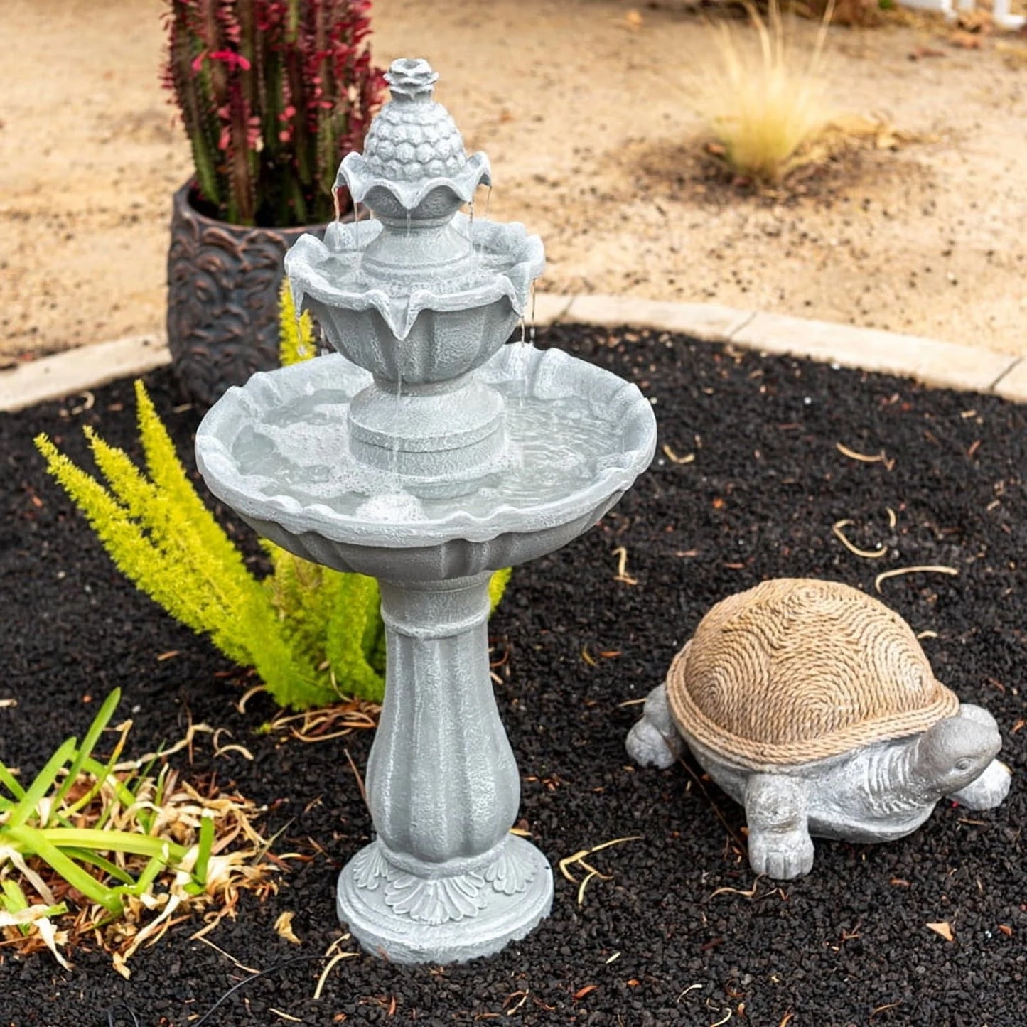 XBrand 36.2" 2-Tier Outdoor Freestanding Solar Water Fountain - Classic Design, Grey Resin Bird Bath with Pump - Ideal for Yard, Lawn and Garden, Porch Dcor