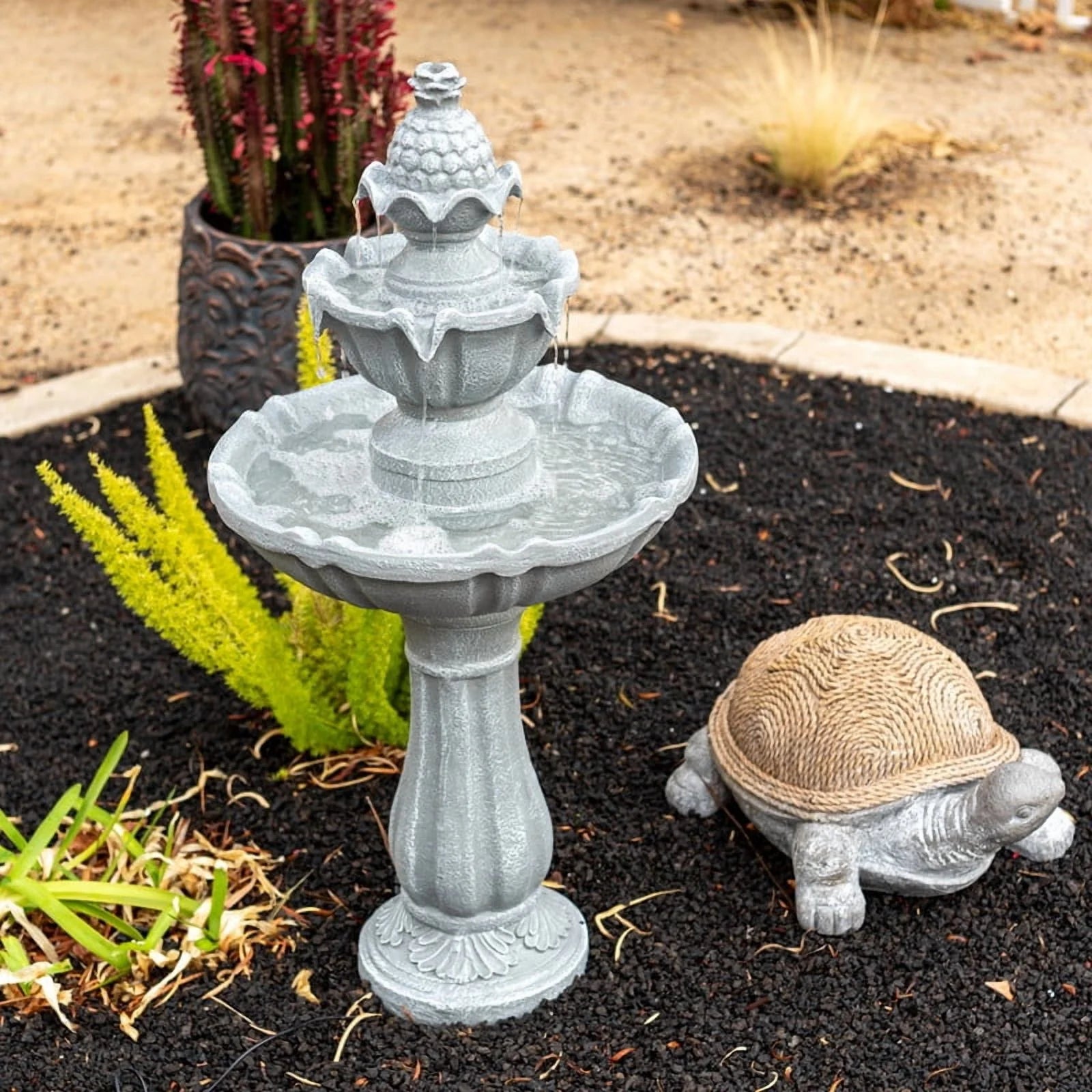 XBrand 36.2" 2-Tier Outdoor Freestanding Solar Water Fountain - Classic Design, Grey Resin Bird Bath with Pump - Ideal for Yard, Lawn and Garden, Porch Dcor