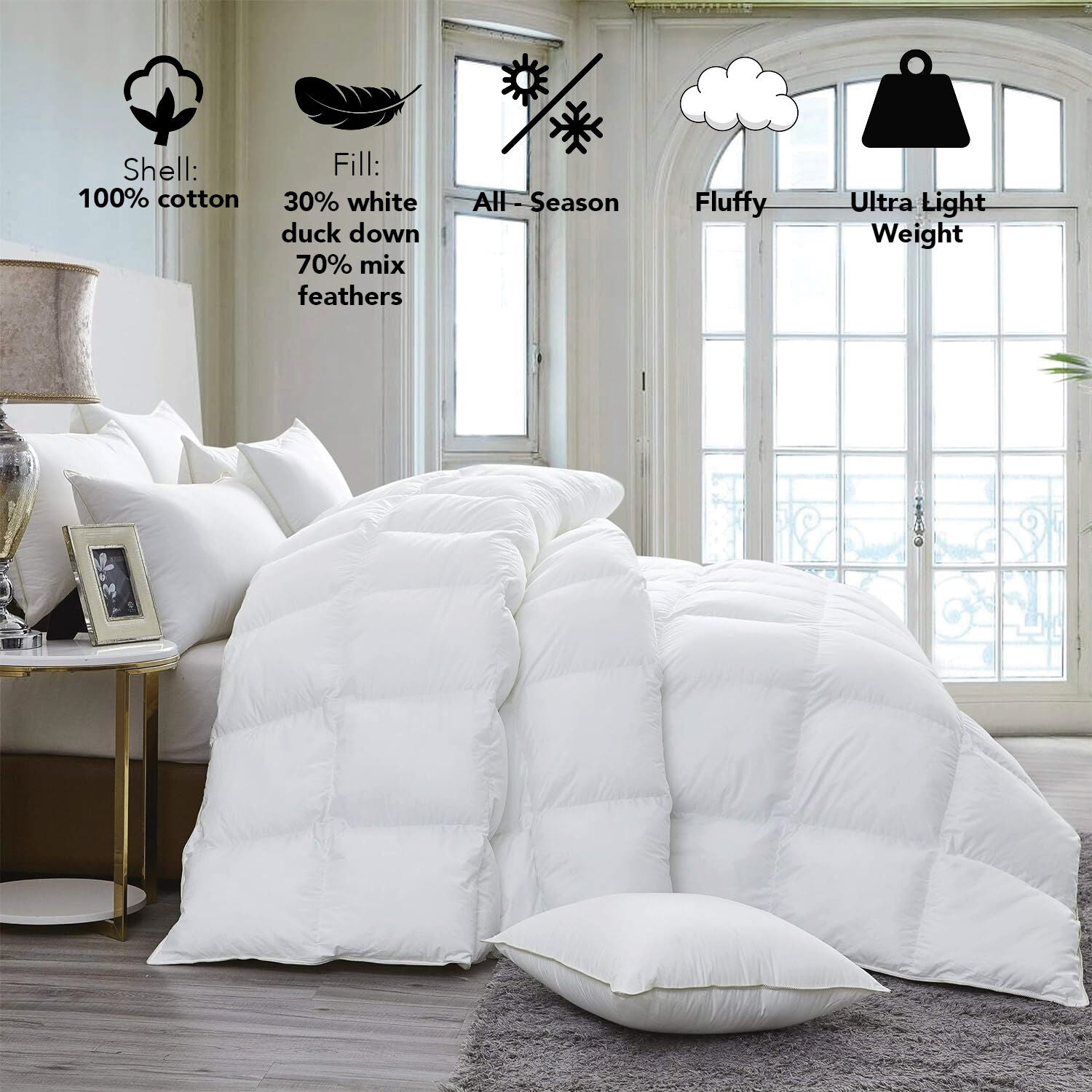 Organic Club Queen Cotton Duvet with Feather and Duck Down Filling 100% Cotton Cover Comforter All-Season Bedding Queen Size 87x87" (220x220 cm), Machine Washable, White