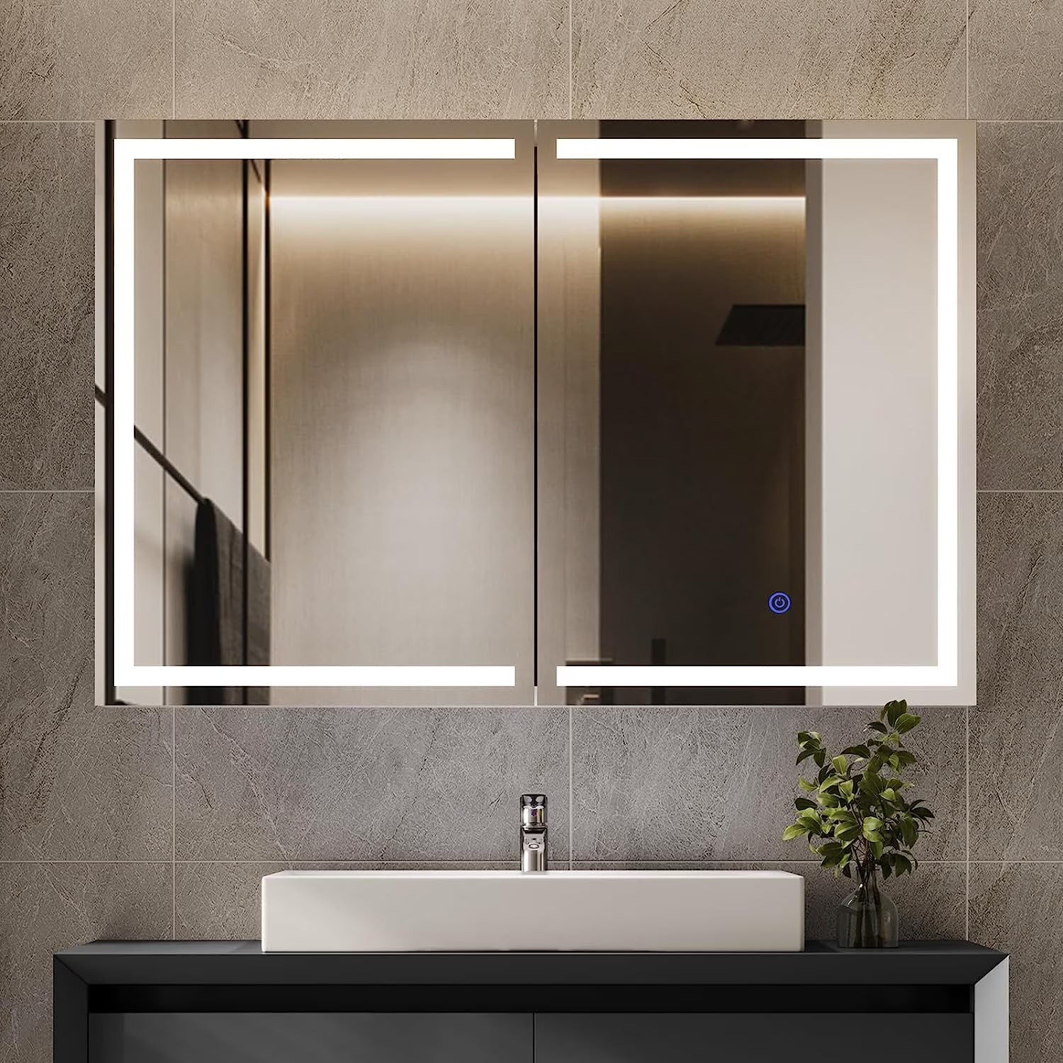 Lighted Medicine Cabinet with Mirror& LED Light for Bathroom,Wall Mounted Bathroom Mirror Cabinet with Storage and 2 Outlet and 3 Doors for Home, White, 39.4" x 23.6"