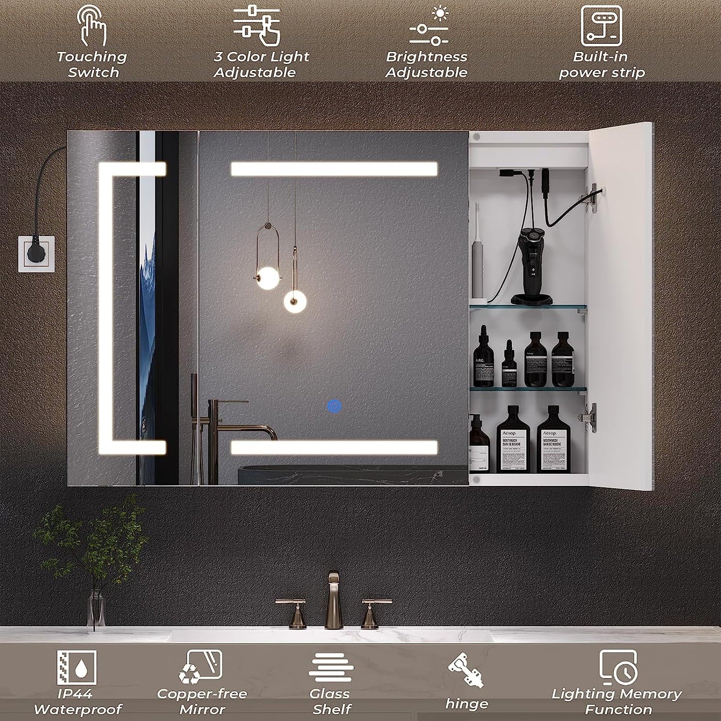 Lighted Medicine Cabinet with Mirror& LED Light for Bathroom,Wall Mounted Bathroom Mirror Cabinet with Storage and 2 Outlet and 3 Doors for Home, White, 39.4" x 23.6"