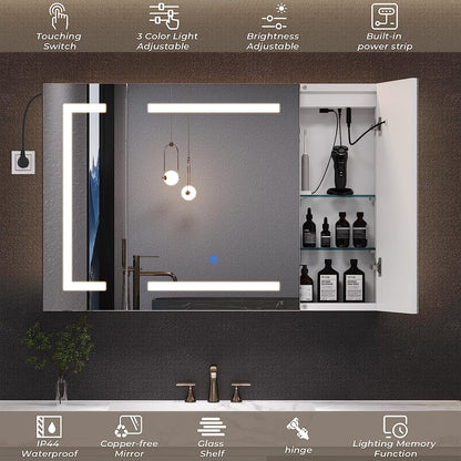 Lighted Medicine Cabinet with Mirror& LED Light for Bathroom,Wall Mounted Bathroom Mirror Cabinet with Storage and 2 Outlet and 3 Doors for Home, White, 39.4" x 23.6"