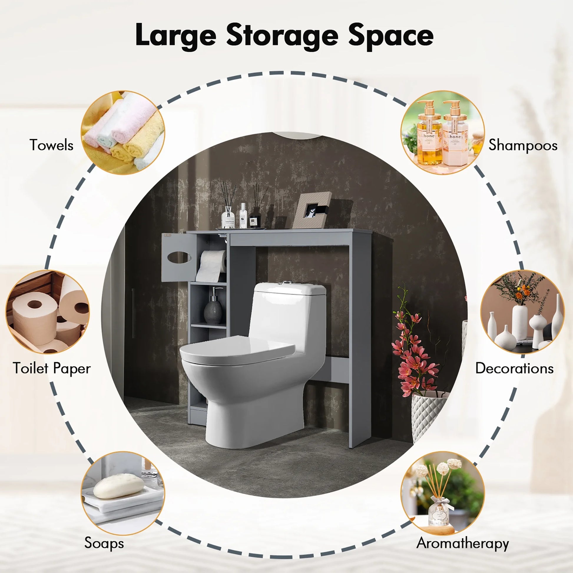 Costway Wooden Over the Toilet Storage Cabinet Bathroom Space Saver w/Paper Holder Grey