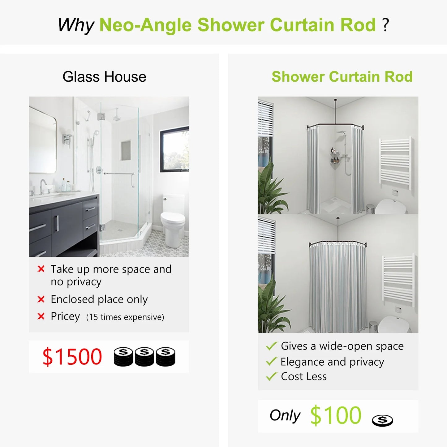 Naiture Stainless Steel 18-1/2" X 26" X 18-1/2" Neo-Angle Shower Curtain Rod with Ceiling Support, Brushed Nickel Finish