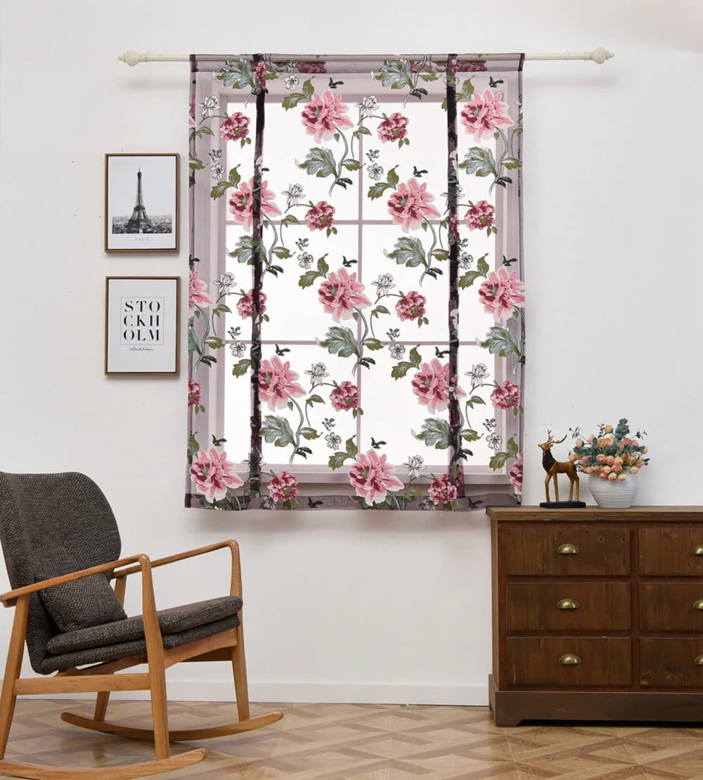 Floleo Clearance Rod Liftable Kitchen Bathroom Window Roman Curtain Floral Sheer Voile Valances
