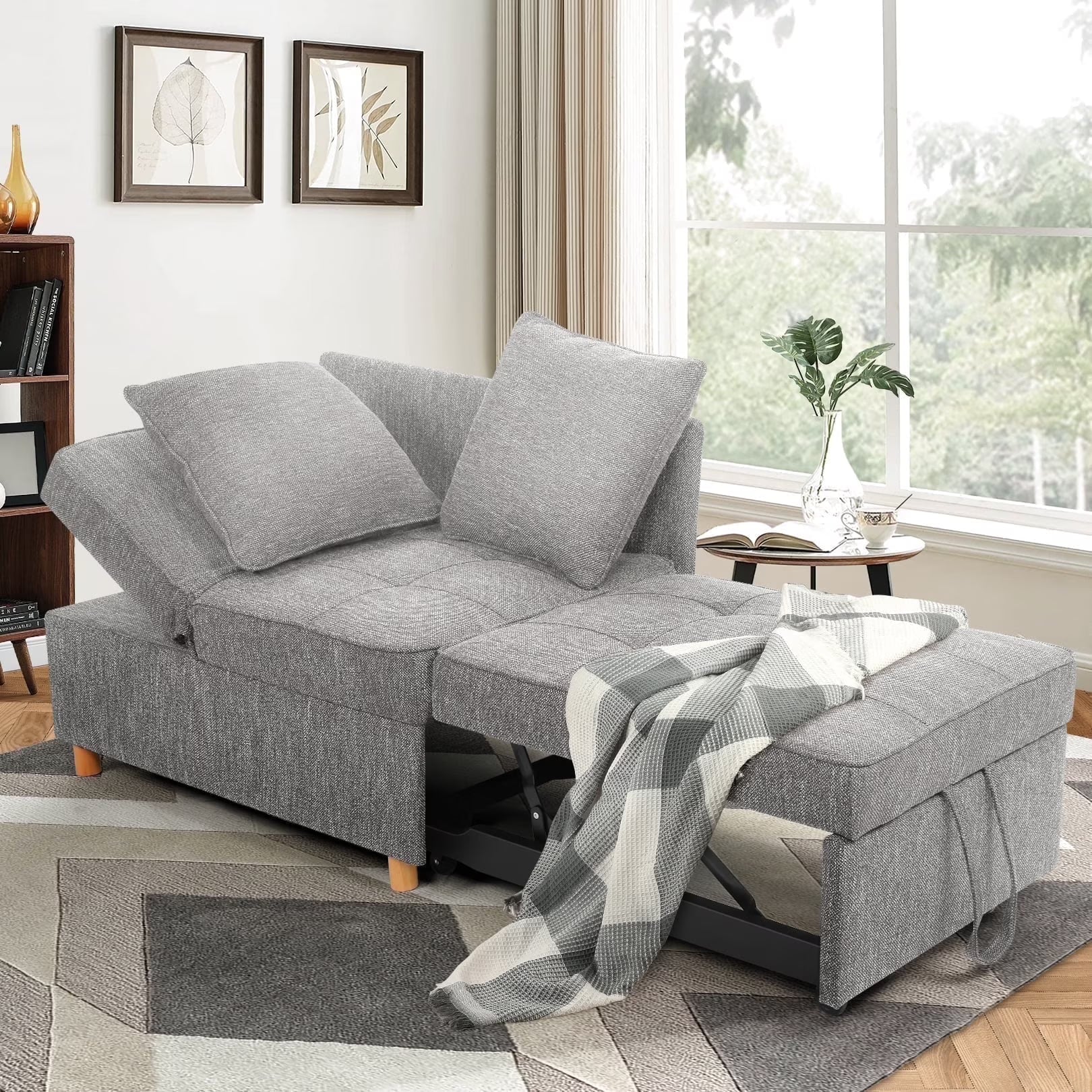 SEJOV 4-in-1 Convertible Sleeper Chair Bed, Linen Sofa Bed for Small Space, Futon Sofa with 2 Throw Pillows for Living Room, Single Recliner with 5 Adjustable Backrest for Bedroom Apartment, Brown