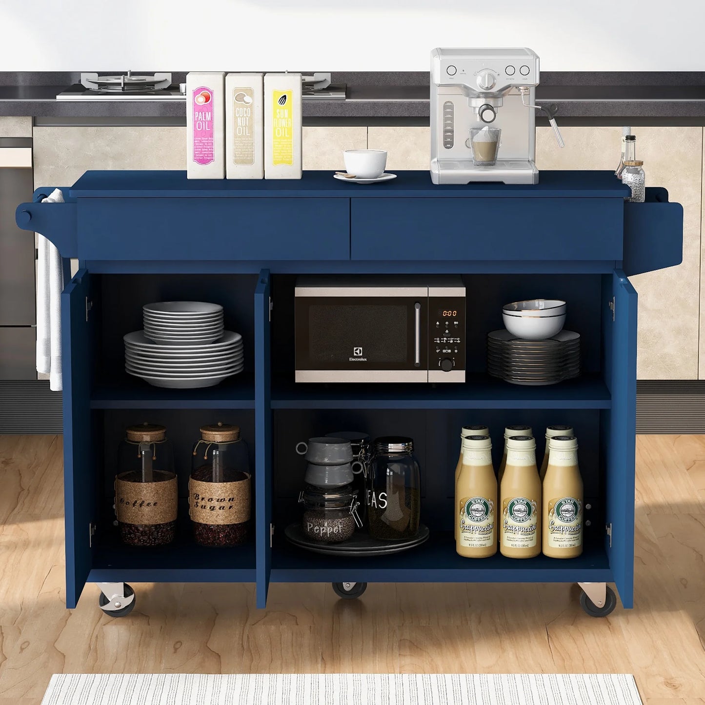 53.2'' Kitchen Island with Drop Leaf, Kitchen Storage Cart with Spice Rack, Towel Rack and 2 Drawers, Rolling Kitchen Island on Wheels with Adjustable Shelves, Navy Blue