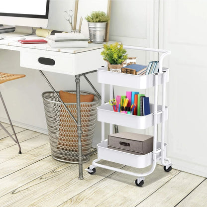3-Tier Metal Rolling Cart Utility & Storage Cart with Lockable Wheels Kitchen Bathroom Office(White)