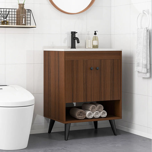 Gymax 25 Inch Wooden Bathroom Vanity Sink Combo with Open Shelf & Sink & Pop Up Drain
