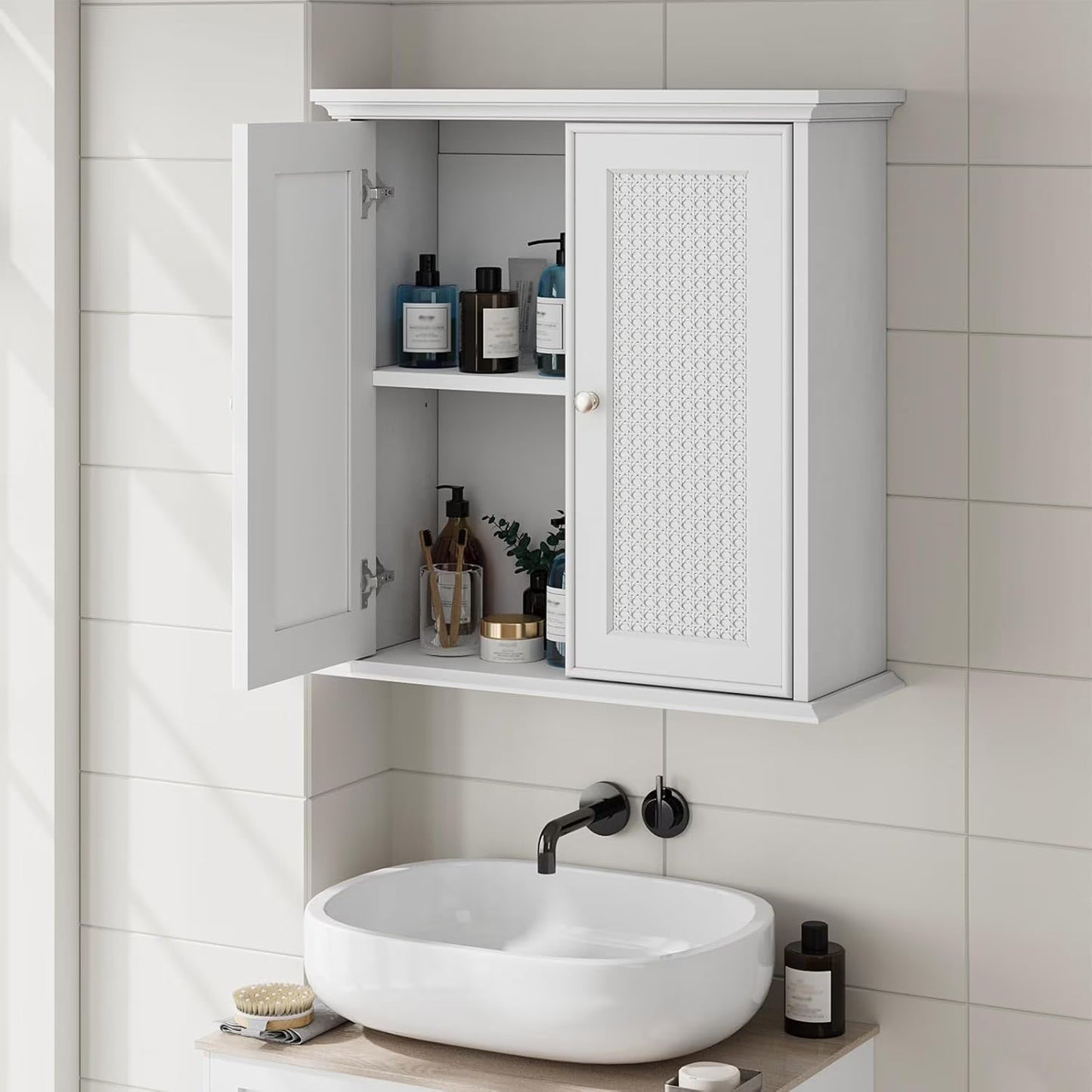 Medicine Cabinet Bathroom Wall Cabinet with Adjustable Shelf and 2 Rattan Doors, Space Saver Storage Cabinet for Livingroom, Laundry,White