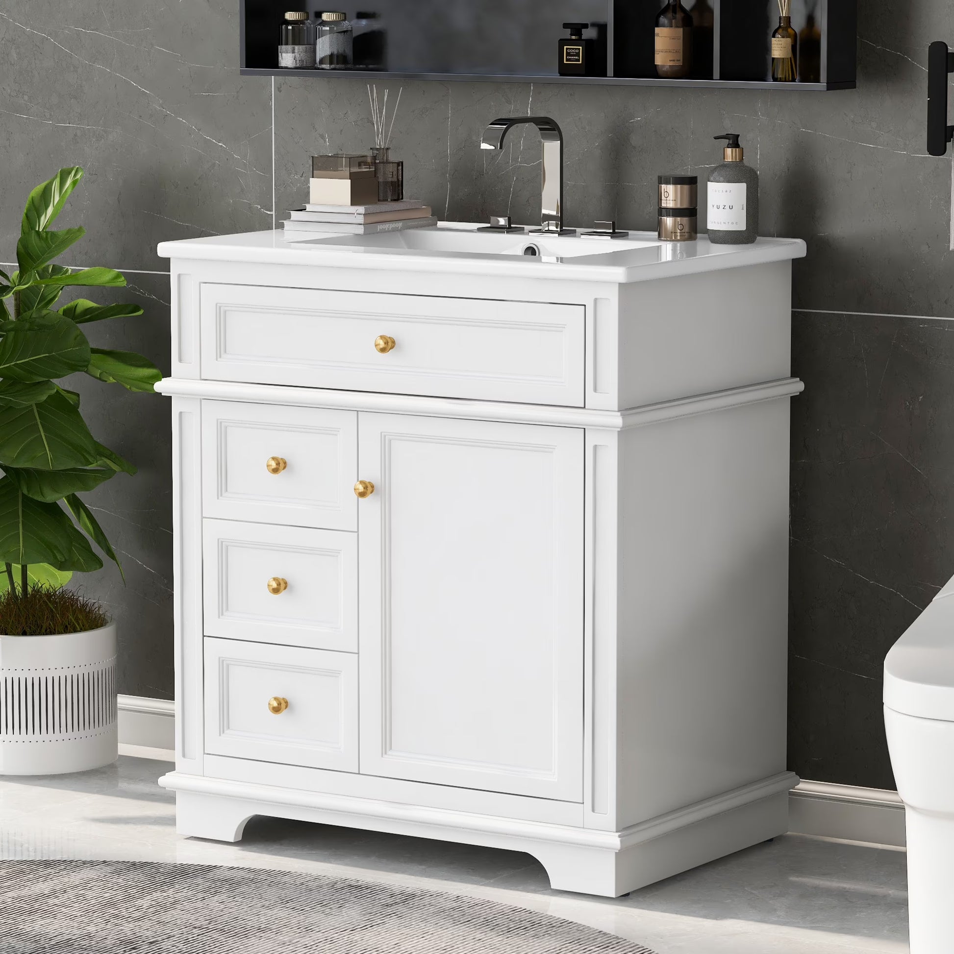 GDF Studio 30" Modern Bathroom Vanity with Sink Combo Set, 3 Drawers and A Tip-out Drawer, Door Shelf, White